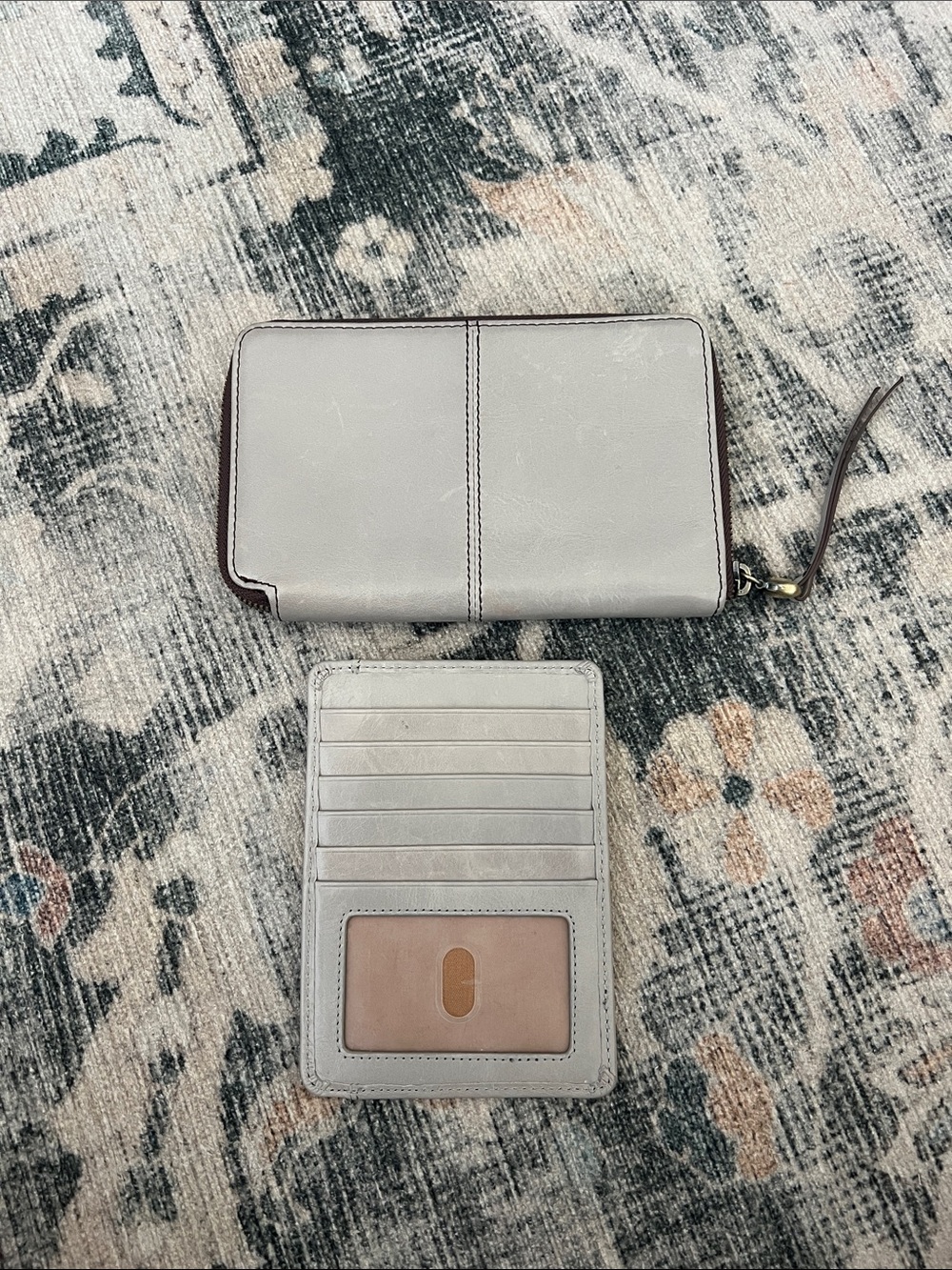 HOBO Gray and Brown Leather Zip Wallet with Card Organizer